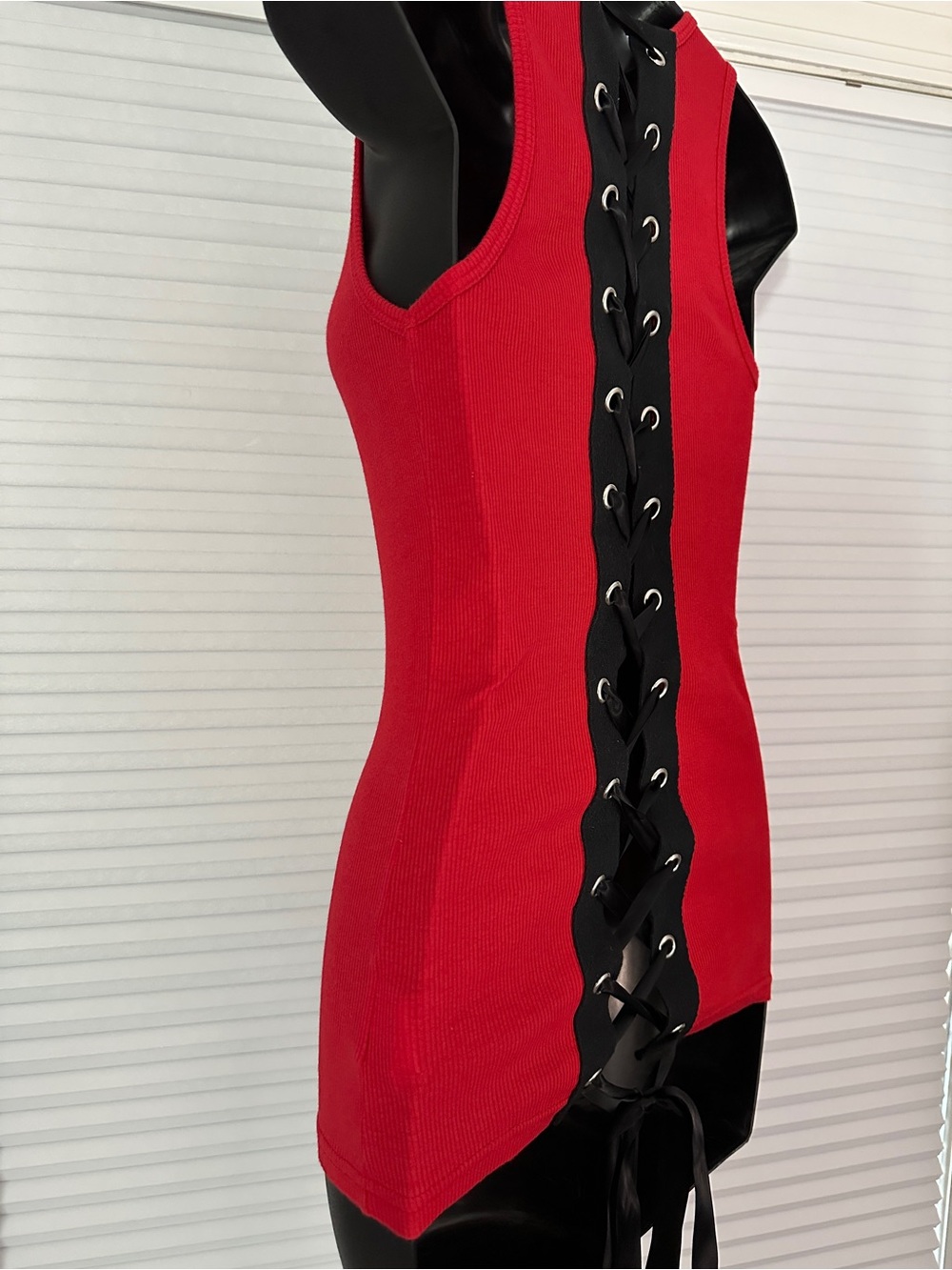 Folter Red Lace-Up Back Corset Ribbed Tank Top 100% Cotton Sz L (runs small) - Picture 3 of 8